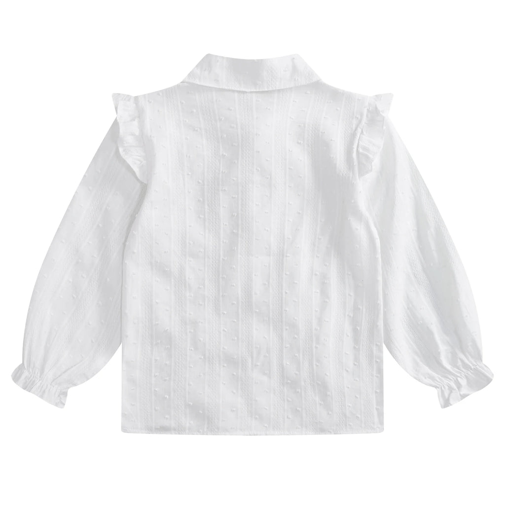 Kids Girls Shirts Spring Autumn Cotton Cute Lace Trim Collar Solid Color Puff Sleeve Bowknot Blouse Tops Casual School Uniform