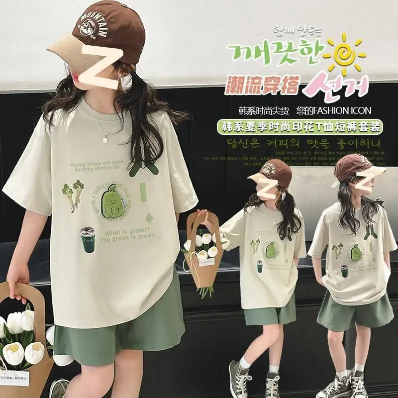 Summer Teenage Girls Clothes Set Children Lemon Fruit Printed T-shirts and Shorts 2pcs Suit Kid Top Bottom Outfits Tracksuits