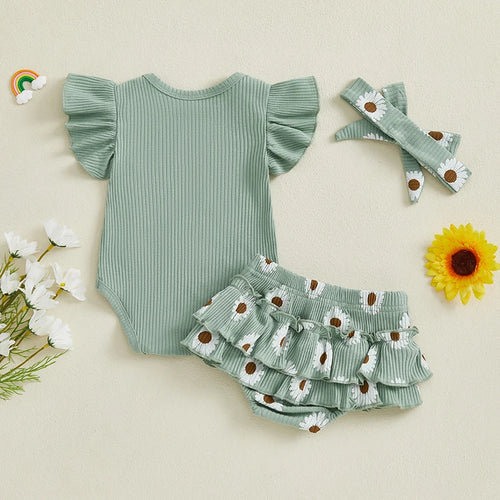 0-18months Baby Girl Summer Outfit Letter Print Ruffled Flying Sleeve Romper Daisy Print Shorts and Bow Headband 3 Pcs Set Girls