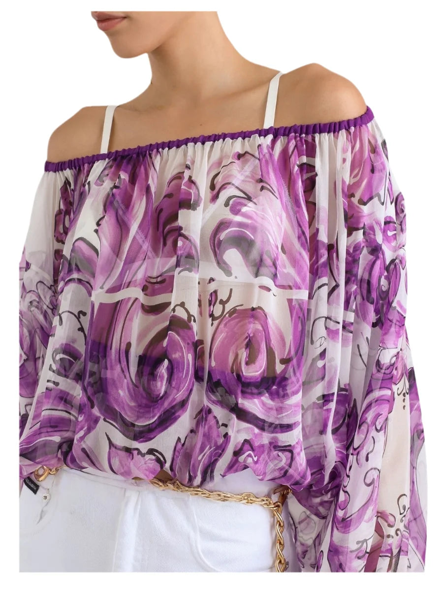 Boho Chic Summer Silk Blouse for Women | Off Shoulder Flowy Beach Vacation Top | Luxury Designer Loose Fit Printed Shirt