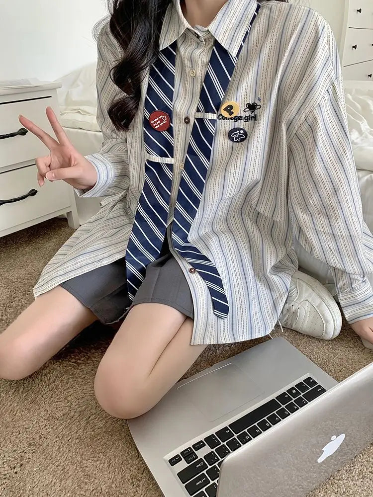 Striped Shirts Women Baggy Preppy Sweet Teens Youth Girlish Japanese Street Personal Designer Harajuku Ins Fashion Clothing Cozy