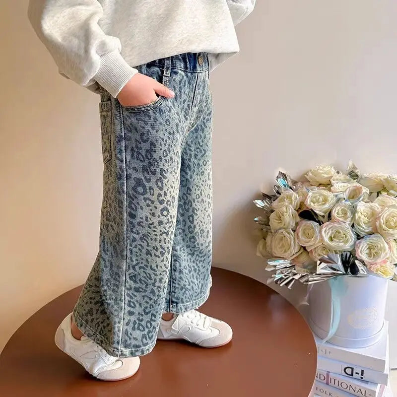 Girls Pants Spring Clothing New Children's Fashionable Jeans Leopard Pattern Wide Legs for Baby Girls