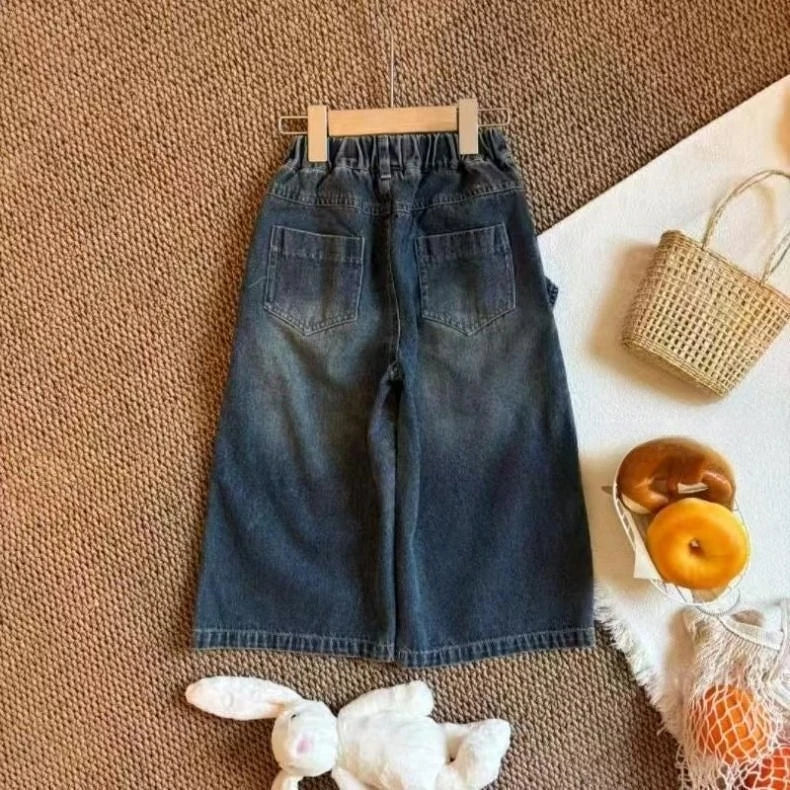 Kids Girls Wide Leg Jeans 2025 New Arrival CHildren Casual Loose False Two-piece Denim Trousers Spring Autumn Cotton Pants
