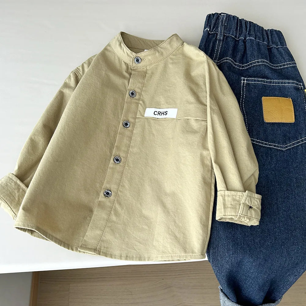 Teen Boys Shirt Coats Spring Autumn New Solid Color Single Breasted Stand Collar Long Sleeve Top For 3-10Y Kids Cotton Shirt