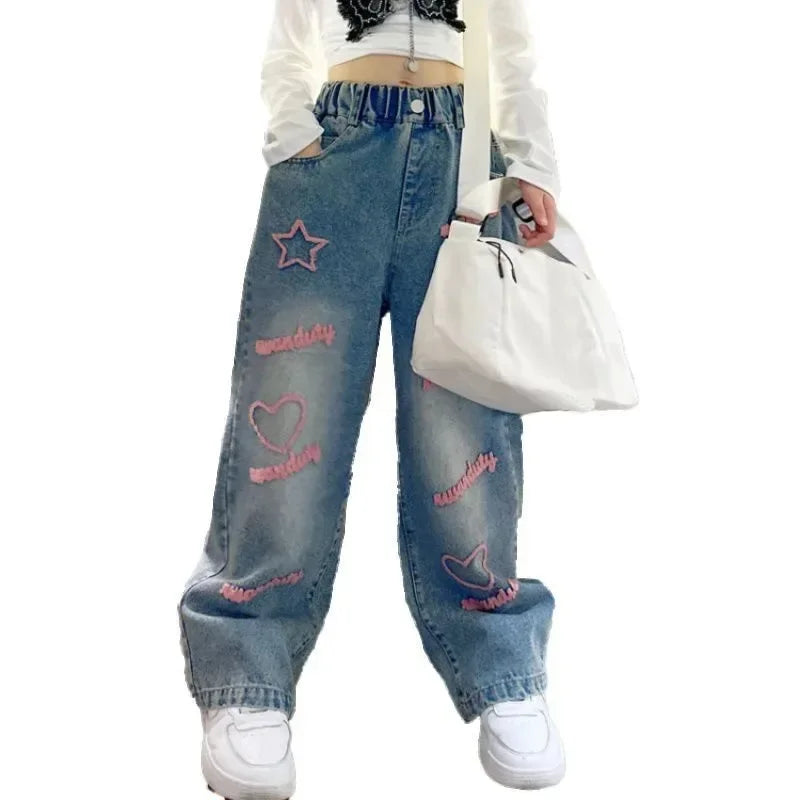 New 2024 Spring  Girls Jeans Stars Love Towel Embroidered wide Leg Long pants Baggy Denim Trousers for 4-13yrs Kids Girl