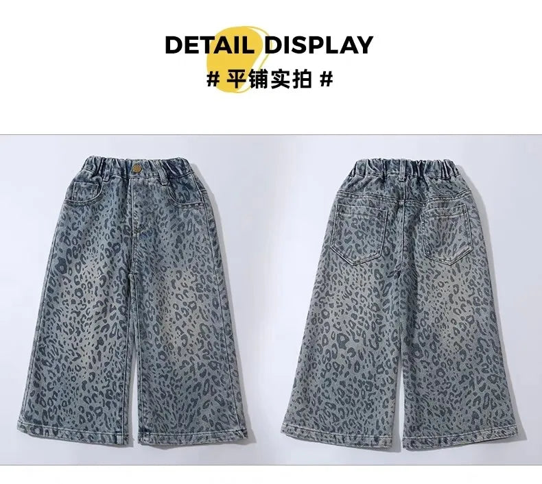 Girls Pants Spring Clothing New Children's Fashionable Jeans Leopard Pattern Wide Legs for Baby Girls