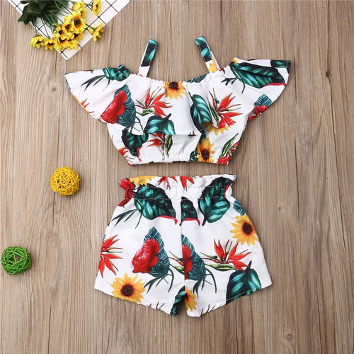 1-6years Toddler Girl Summer Clothes Set Off Shoulder Ruffled Flower Strap Crop Top Shorts Pants hairbands Outfits For girls