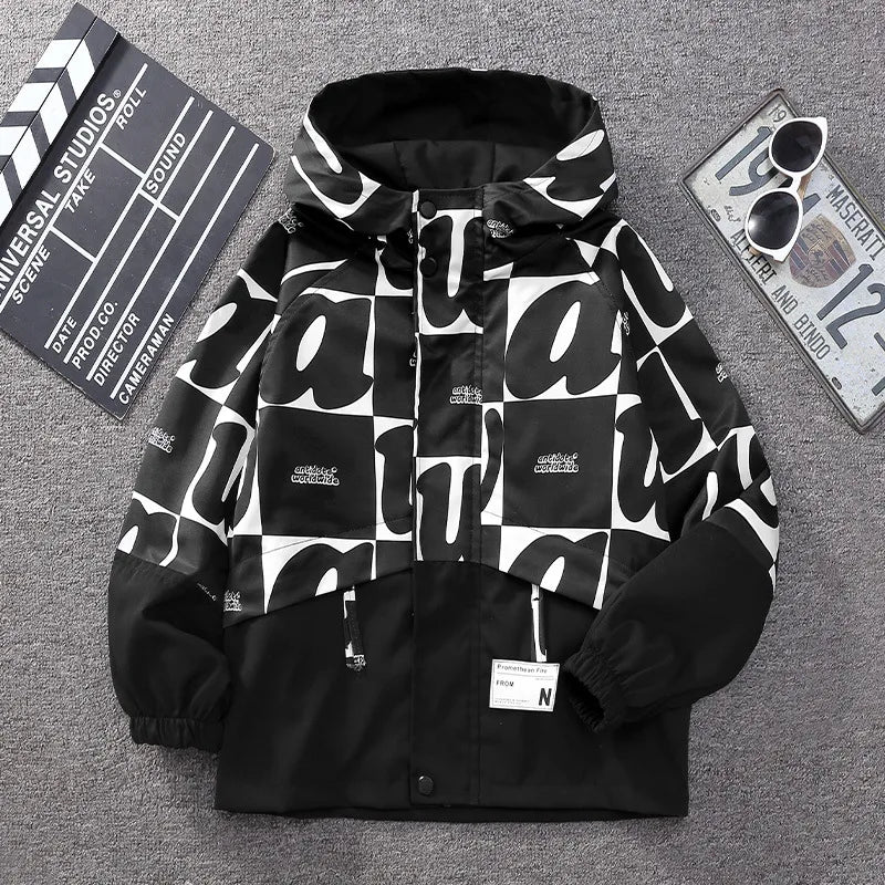 Teenager Boys Color Block Hooded Jacket 2026 Children Spring Autumn Handsome Letter Print Windbreak Coat Kids Clothes Outerwear