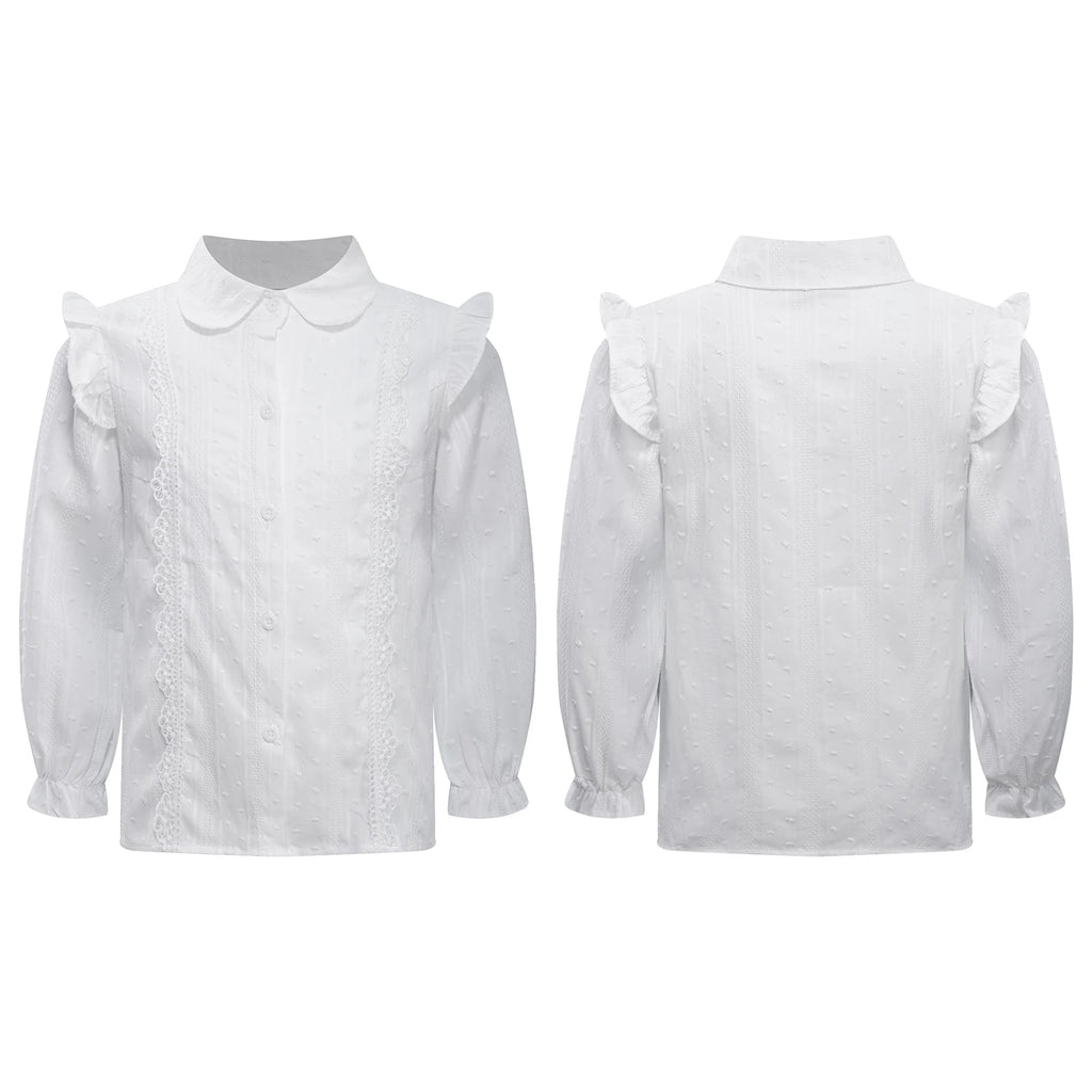 Kids Girls Shirts Spring Autumn Cotton Cute Lace Trim Collar Solid Color Puff Sleeve Bowknot Blouse Tops Casual School Uniform