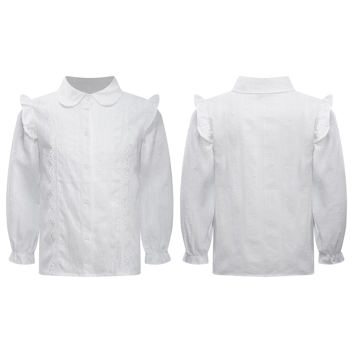 Kids Girls Shirts Spring Autumn Cotton Cute Lace Trim Collar Solid Color Puff Sleeve Bowknot Blouse Tops Casual School Uniform