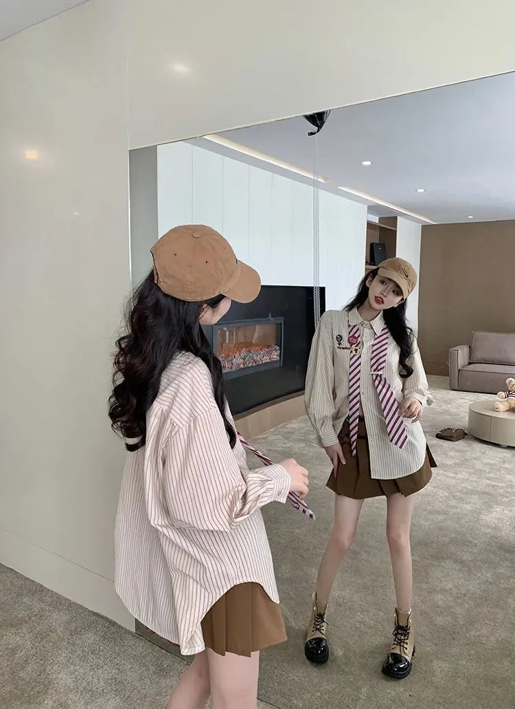 Striped Shirts Women Baggy Preppy Sweet Teens Youth Girlish Japanese Street Personal Designer Harajuku Ins Fashion Clothing Cozy