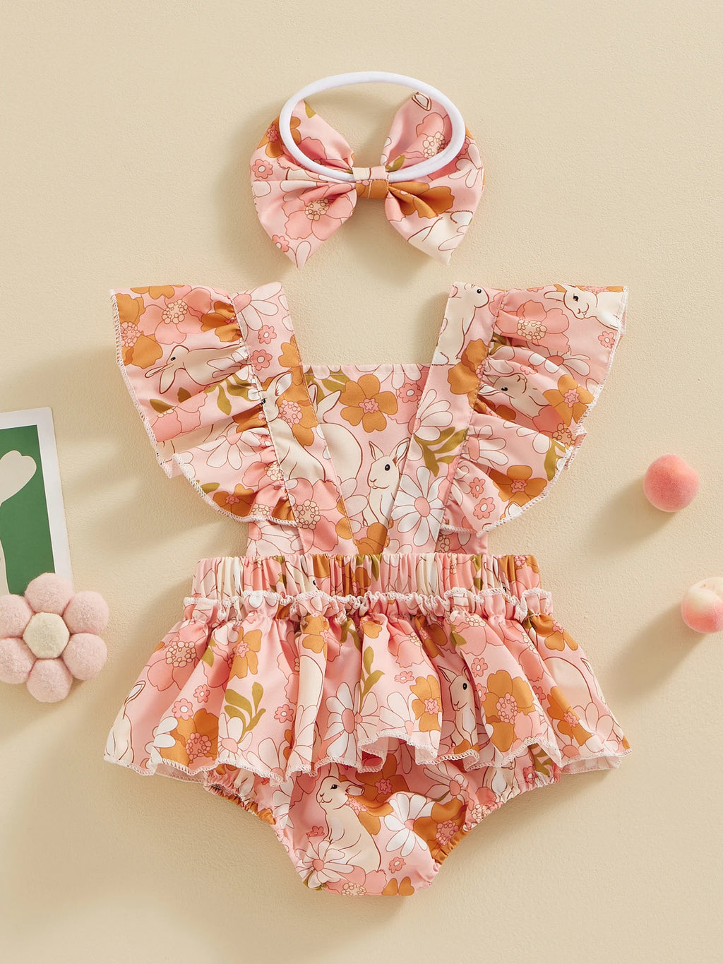 Baby Girls 2Pcs Easter Outfits Ruffle Sleeve Bunny Floral Print Romper Headband Set Newborn Clothes