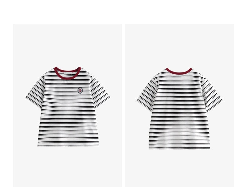 TOYOUTH Women T Shirts 2026 Summer New Striped Short Sleeve Age Reducing College Style Crew Neck Tops