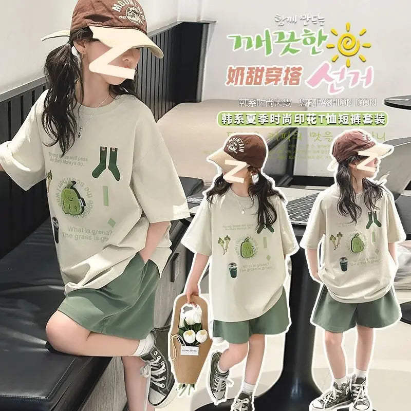 Summer Teenage Girls Clothes Set Children Lemon Fruit Printed T-shirts and Shorts 2pcs Suit Kid Top Bottom Outfits Tracksuits