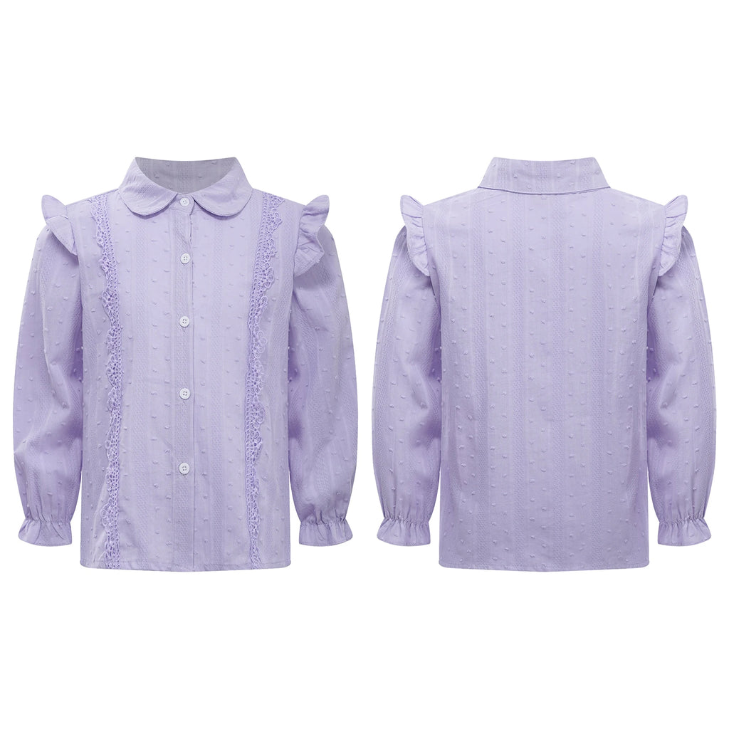 Kids Girls Shirts Spring Autumn Cotton Cute Lace Trim Collar Solid Color Puff Sleeve Bowknot Blouse Tops Casual School Uniform