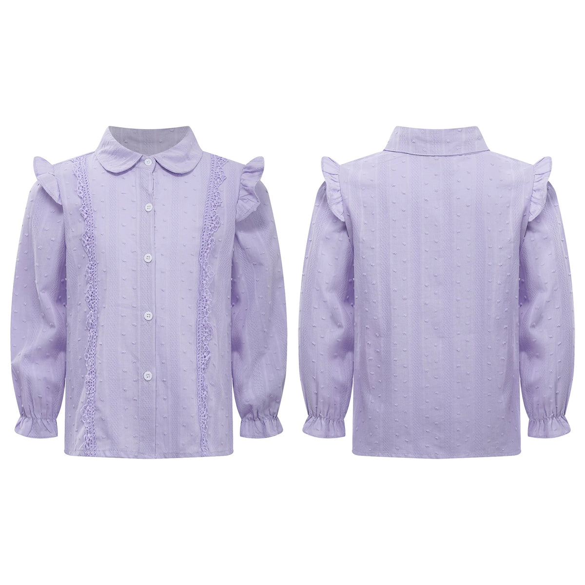 Kids Girls Shirts Spring Autumn Cotton Cute Lace Trim Collar Solid Color Puff Sleeve Bowknot Blouse Tops Casual School Uniform