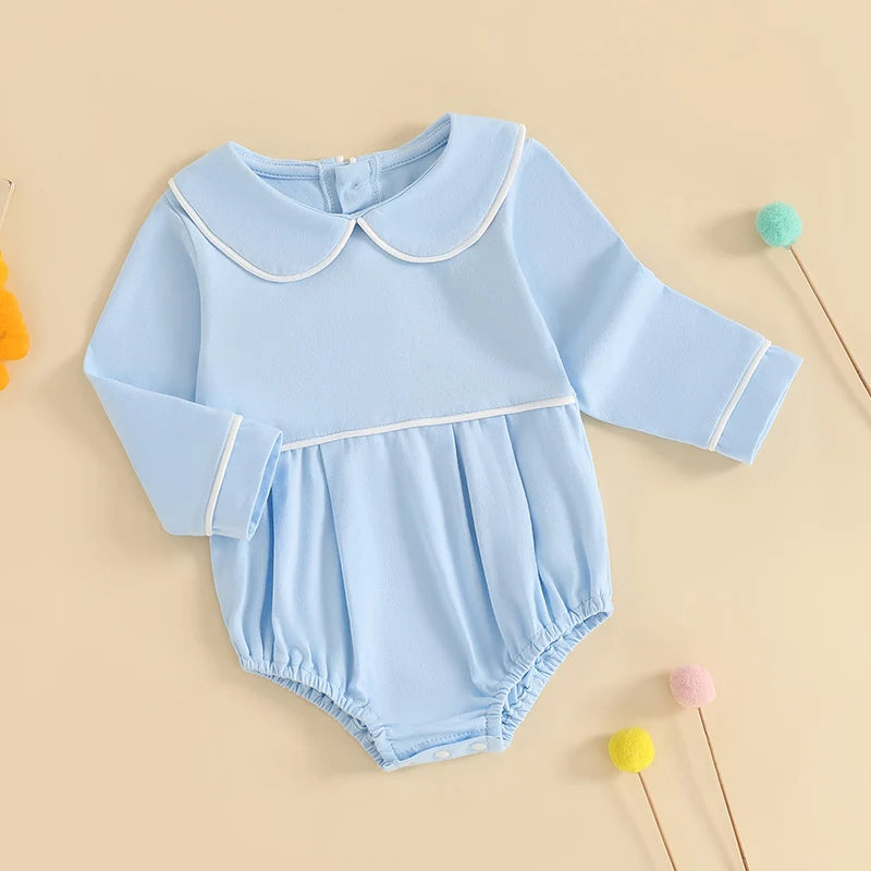 Pudcoco Baby Boys Girls Romper Long Sleeve Doll Collar Contrast Line Solid Color Bodysuit Newborn Playsuit