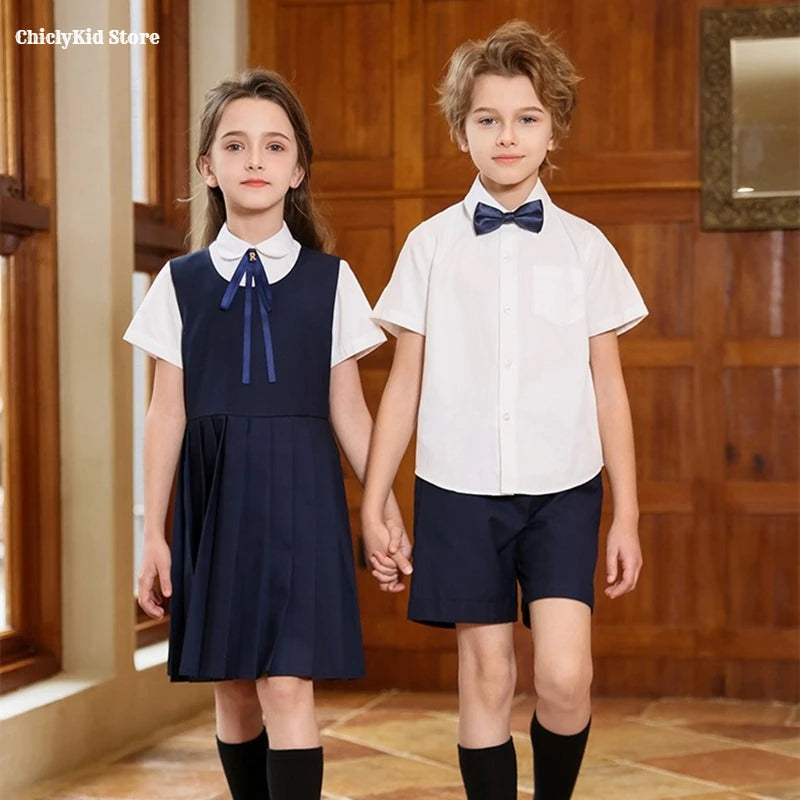Boys British School Uniforms Shirt Shorts Girls Preppy Dress Kids Japan Korean Clothes Sets Children Students Summer Outfits