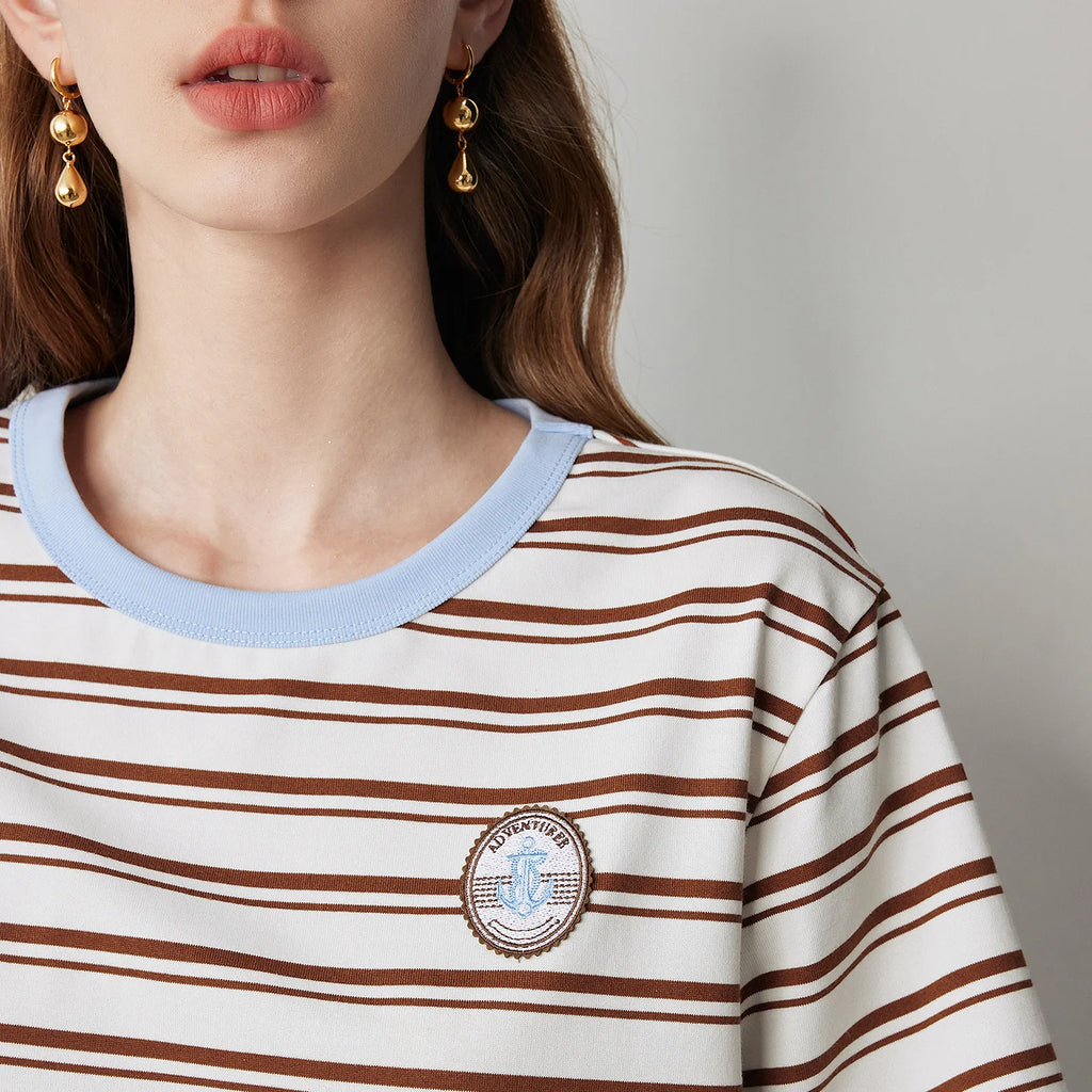 TOYOUTH Women T Shirts 2026 Summer New Striped Short Sleeve Age Reducing College Style Crew Neck Tops