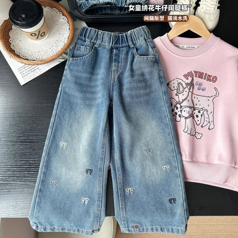 2026 Autumn Kids Girl Jeans UNITIM Bow Embroidery Children Girls Denim Pant Loose Casual Elastic Waist Teens Girls Straight Pant