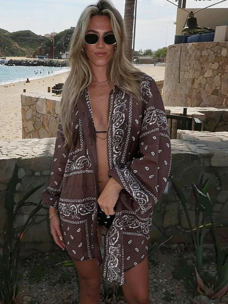 Paisley Print Oversized Short Shirt Long Sleeve Button Down Lapel Casual 2026 Summer Vacation Daily Beachwear Women Cover Up