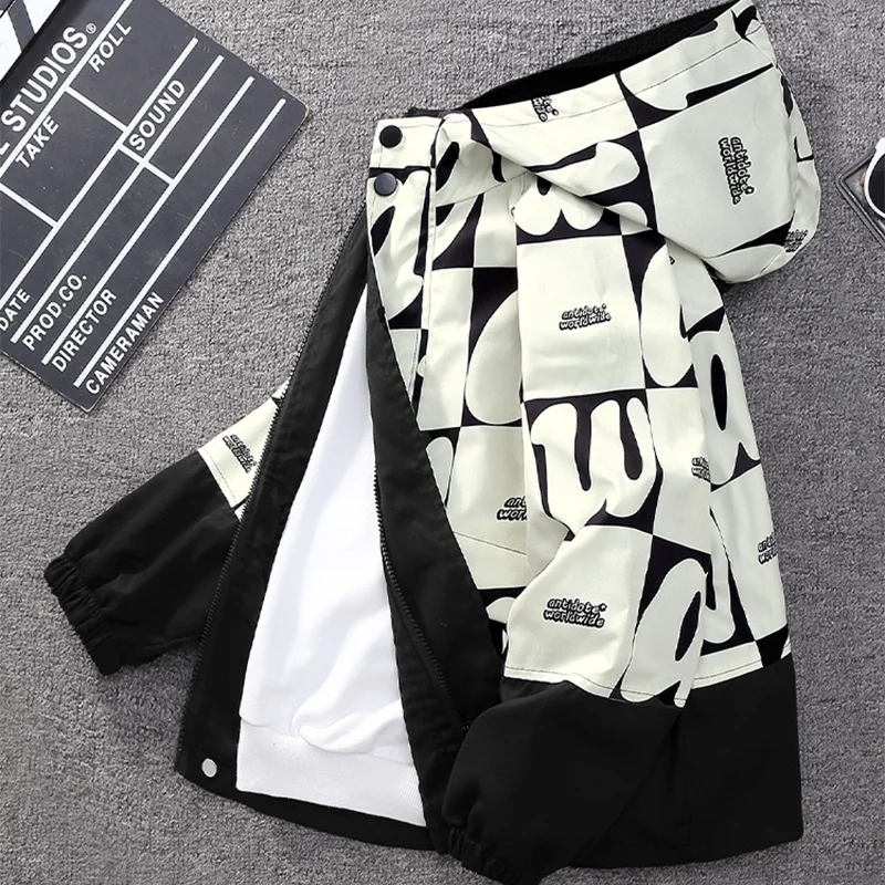 Teenager Boys Color Block Hooded Jacket 2026 Children Spring Autumn Handsome Letter Print Windbreak Coat Kids Clothes Outerwear