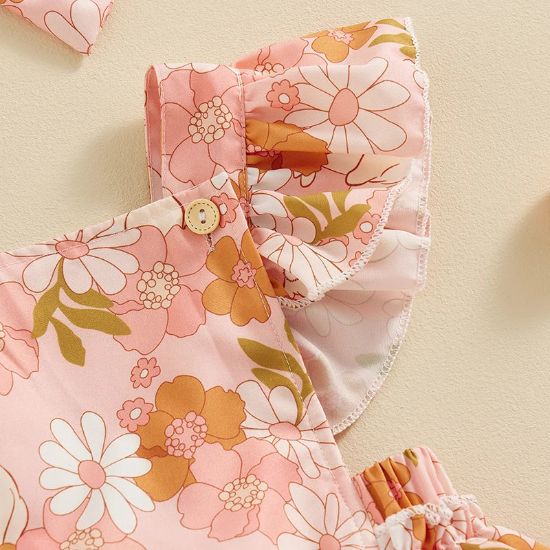 Baby Girls 2Pcs Easter Outfits Ruffle Sleeve Bunny Floral Print Romper Headband Set Newborn Clothes