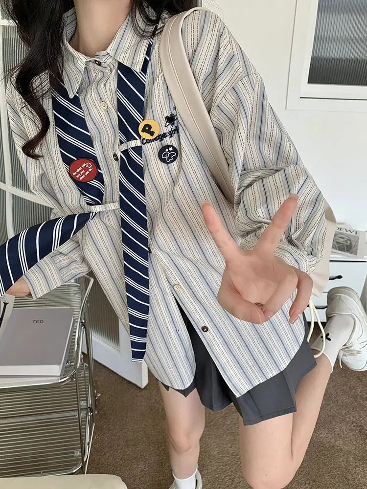 Striped Shirts Women Baggy Preppy Sweet Teens Youth Girlish Japanese Street Personal Designer Harajuku Ins Fashion Clothing Cozy