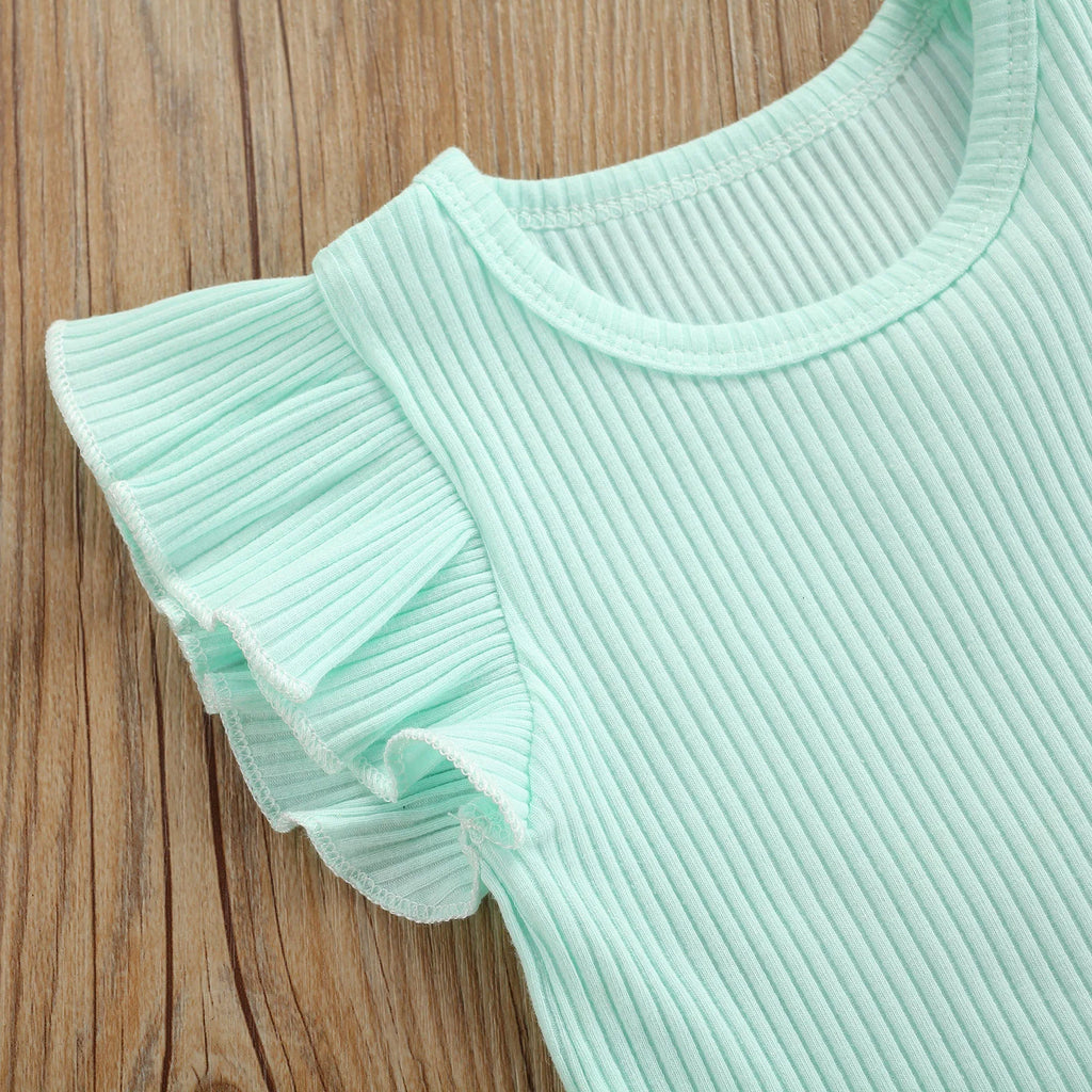 2Pcs Baby Girls Summer Outfits Fly Sleeve Rib Knit Tops Bow Suspender Skirt Set