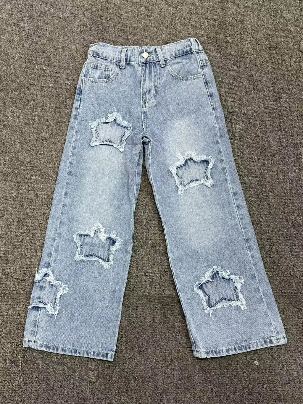 Girls Washed Wide Leg Jeans Kids Loose Trousers Stars Daily Casual Outerwear Elastic Waist Denim Pant Y2k Streetwear 2026 Summer
