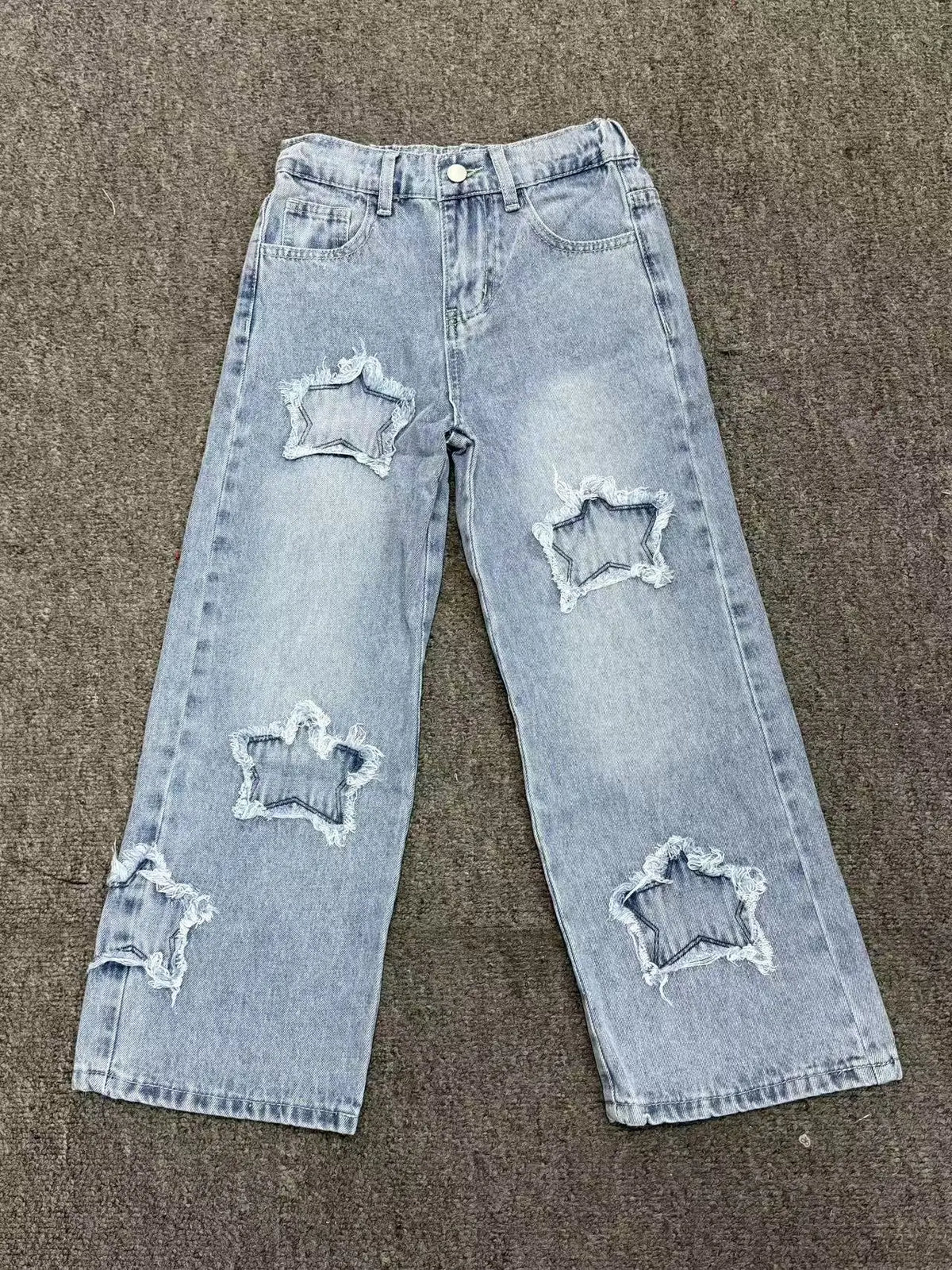Girls Washed Wide Leg Jeans Kids Loose Trousers Stars Daily Casual Outerwear Elastic Waist Denim Pant Y2k Streetwear 2026 Summer