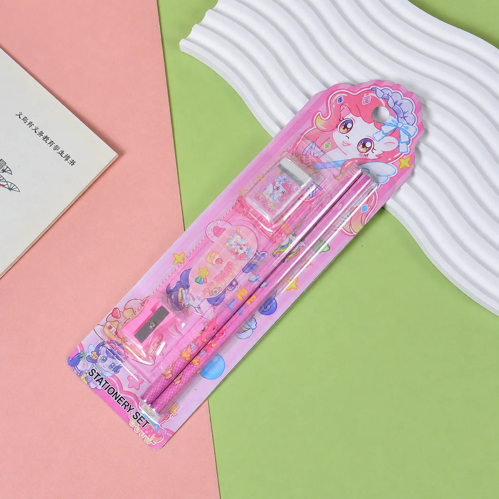 Kids Cartoon 5-Piece Stationery Set Complete Pencil Ruler Eraser Combo Cute Back To School Gift School Office Suppliers