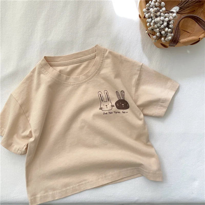 2026 Summer 2-8 Years Girls Boys Cute Print Rabbit Short Sleeve Cotton T-shirts Kids Tee