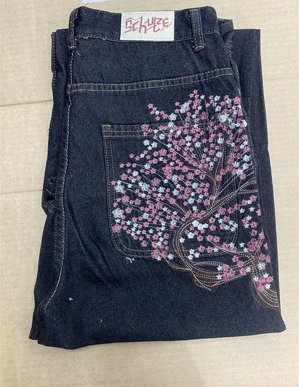 2025 autumn new European and American jeans embroidered pattern loose and personalized street Harajuku straight trousers