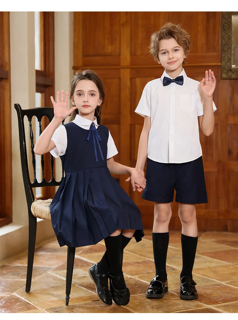 Boys British School Uniforms Shirt Shorts Girls Preppy Dress Kids Japan Korean Clothes Sets Children Students Summer Outfits