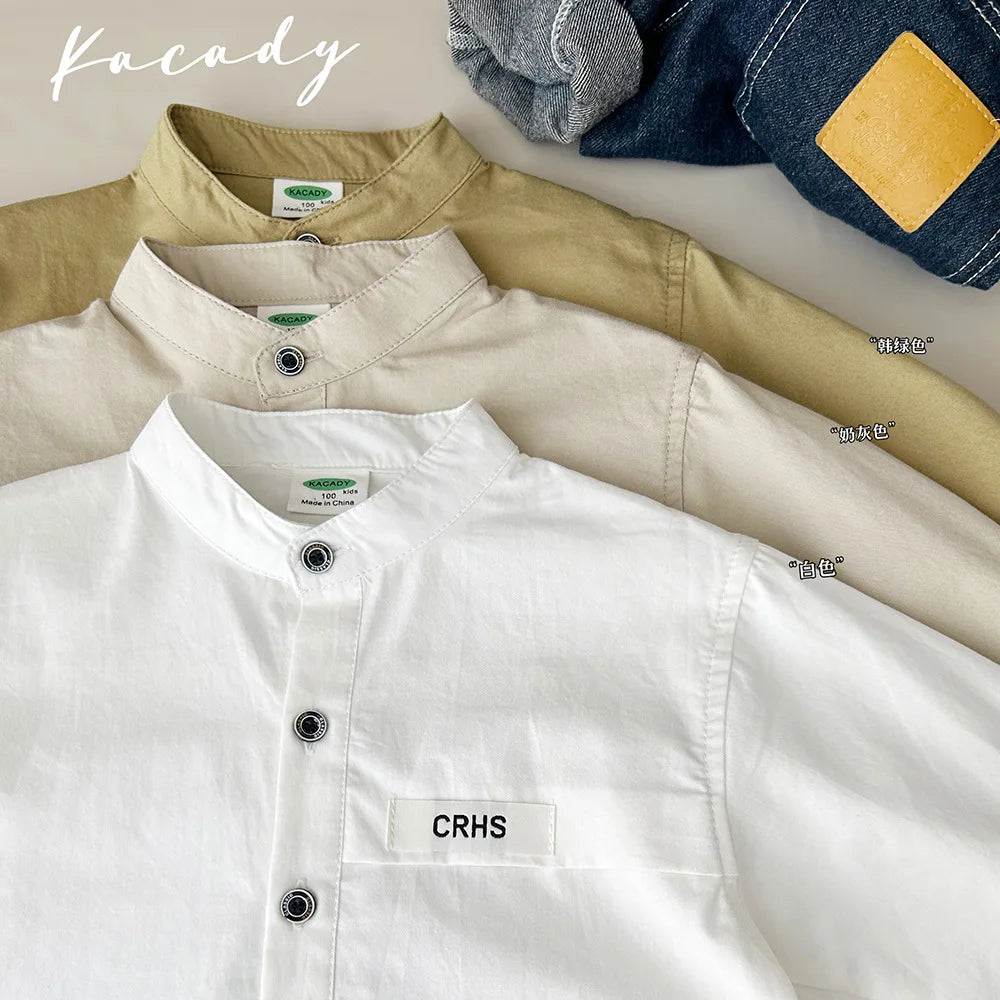 Teen Boys Shirt Coats Spring Autumn New Solid Color Single Breasted Stand Collar Long Sleeve Top For 3-10Y Kids Cotton Shirt