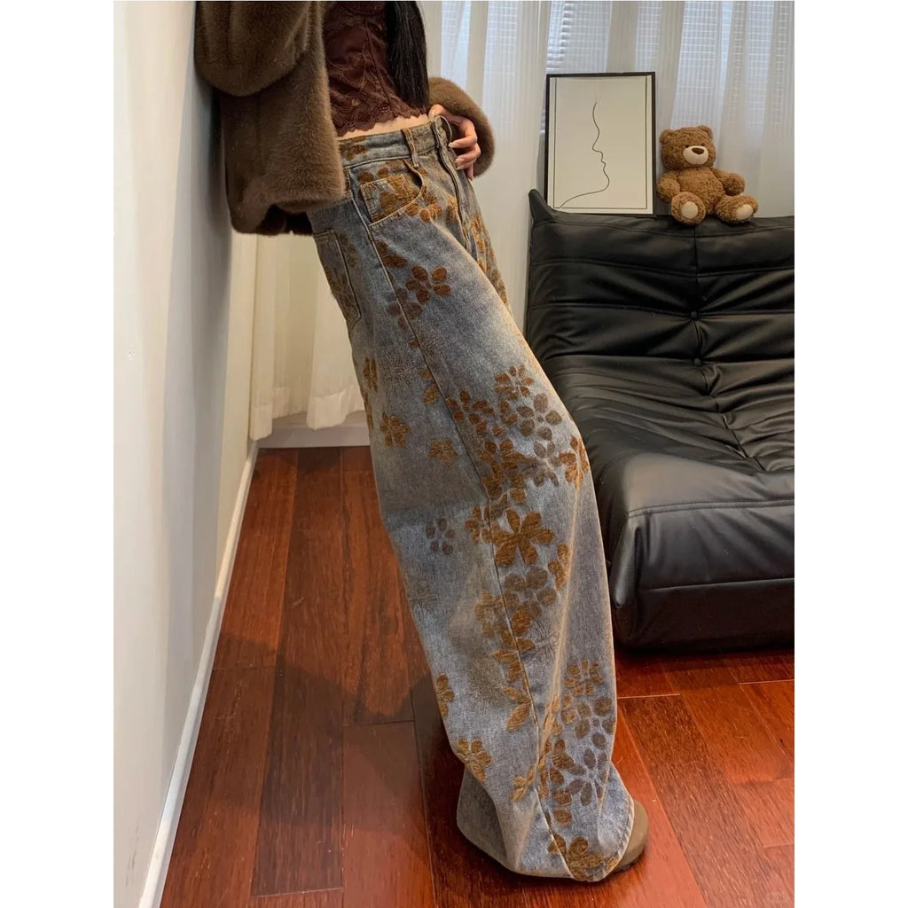 Retro American Design Embroidered Fleece High Waist Loose Wide Leg Thickened Jeans High Waist Ladies Casual Pants