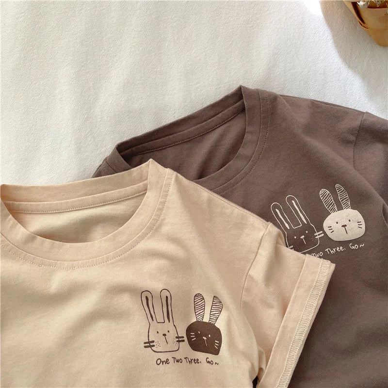 2026 Summer 2-8 Years Girls Boys Cute Print Rabbit Short Sleeve Cotton T-shirts Kids Tee
