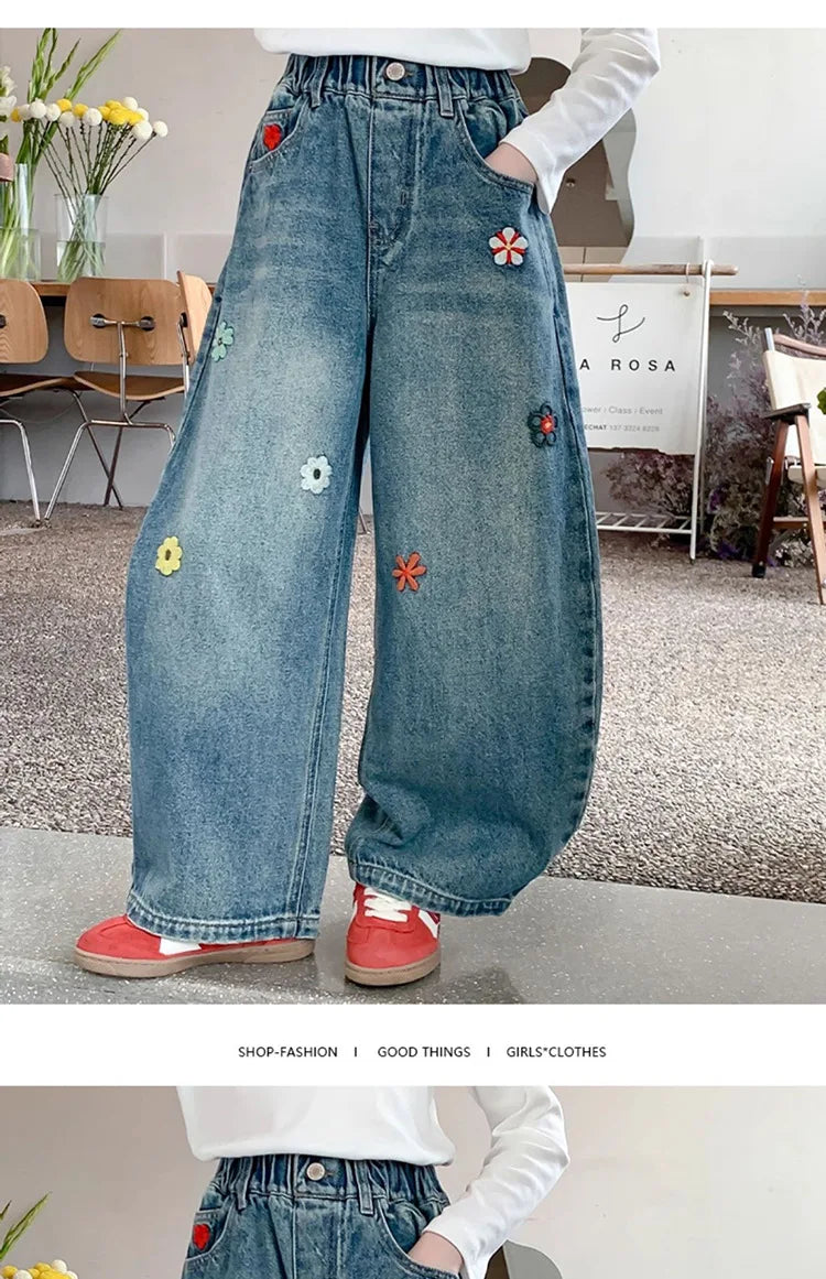 Teenagers Spring Girls Jeans Flower Children Trousers Autumn Girls Denim Wide Leg Pants Birthday Gifts 5-16 Years Kids Clothes