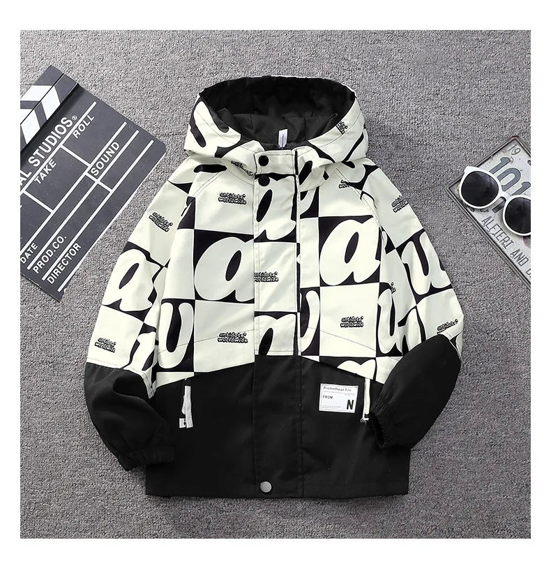 Teenager Boys Color Block Hooded Jacket 2026 Children Spring Autumn Handsome Letter Print Windbreak Coat Kids Clothes Outerwear