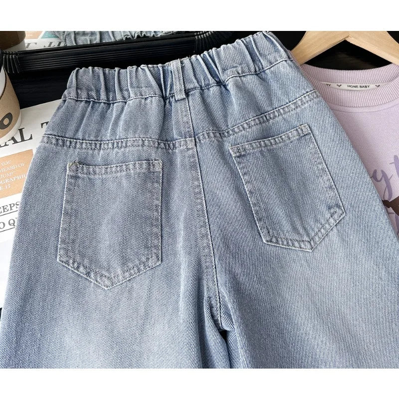 2026 Autumn Kids Girl Jeans UNITIM Bow Embroidery Children Girls Denim Pant Loose Casual Elastic Waist Teens Girls Straight Pant