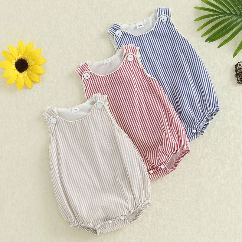 Baby Boy Romper Summer Sleeveless Round Neck Button Shoulder Stripes Print Romper Newborn Overalls