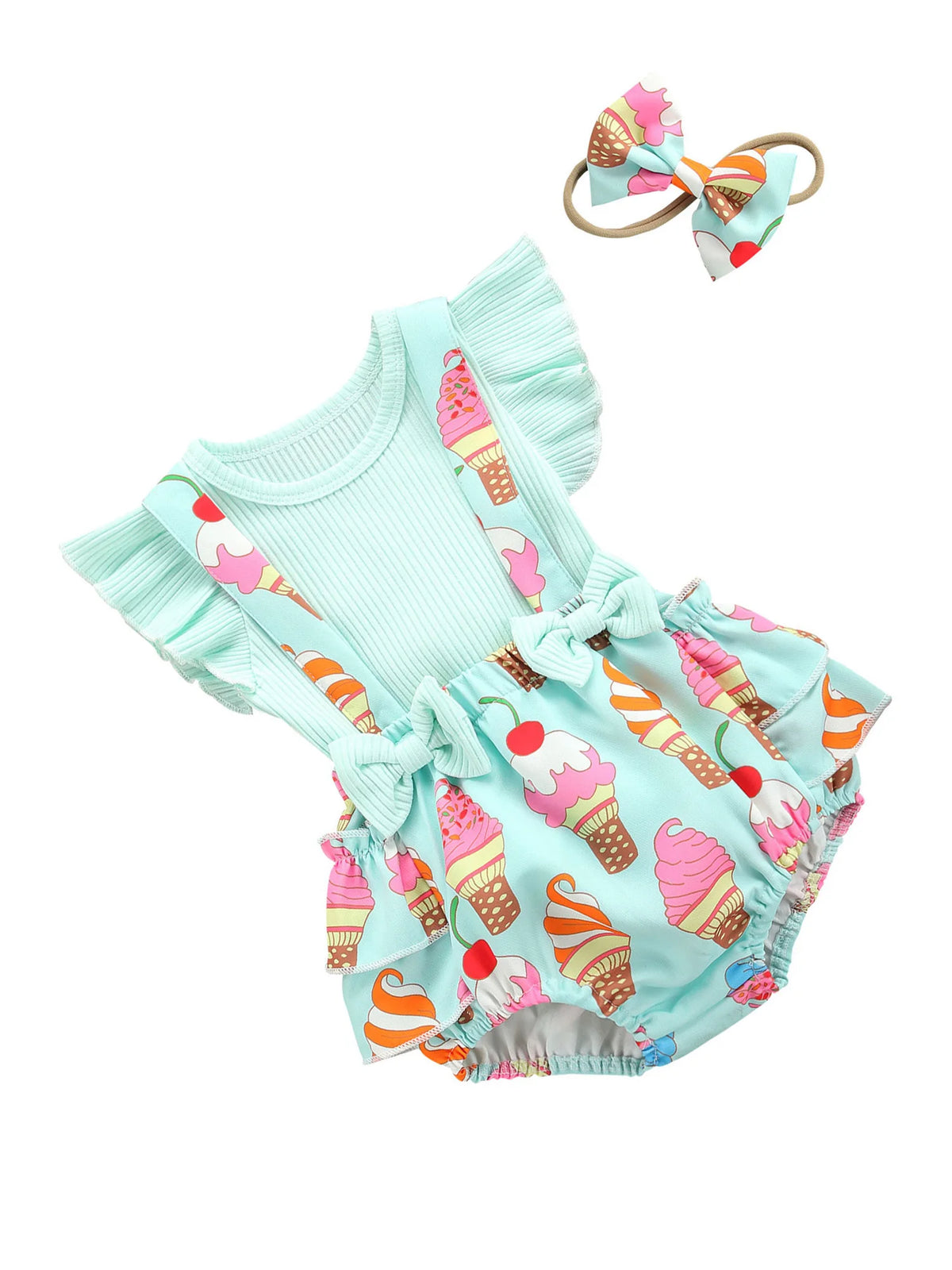 2Pcs Baby Girls Summer Outfits Fly Sleeve Rib Knit Tops Bow Suspender Skirt Set