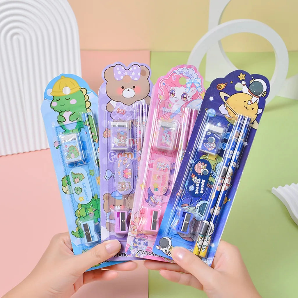 Kids Cartoon 5-Piece Stationery Set Complete Pencil Ruler Eraser Combo Cute Back To School Gift School Office Suppliers