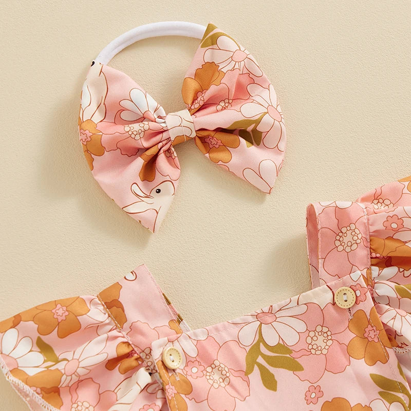 Baby Girls 2Pcs Easter Outfits Ruffle Sleeve Bunny Floral Print Romper Headband Set Newborn Clothes
