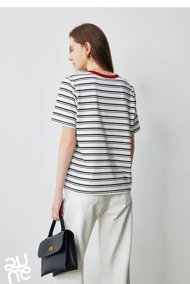TOYOUTH Women T Shirts 2026 Summer New Striped Short Sleeve Age Reducing College Style Crew Neck Tops