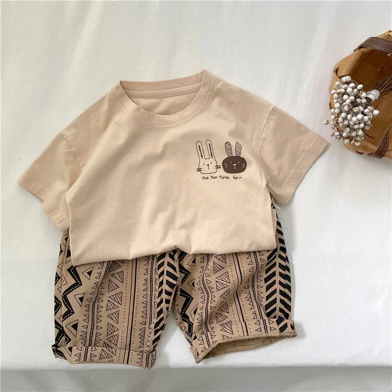2026 Summer 2-8 Years Girls Boys Cute Print Rabbit Short Sleeve Cotton T-shirts Kids Tee