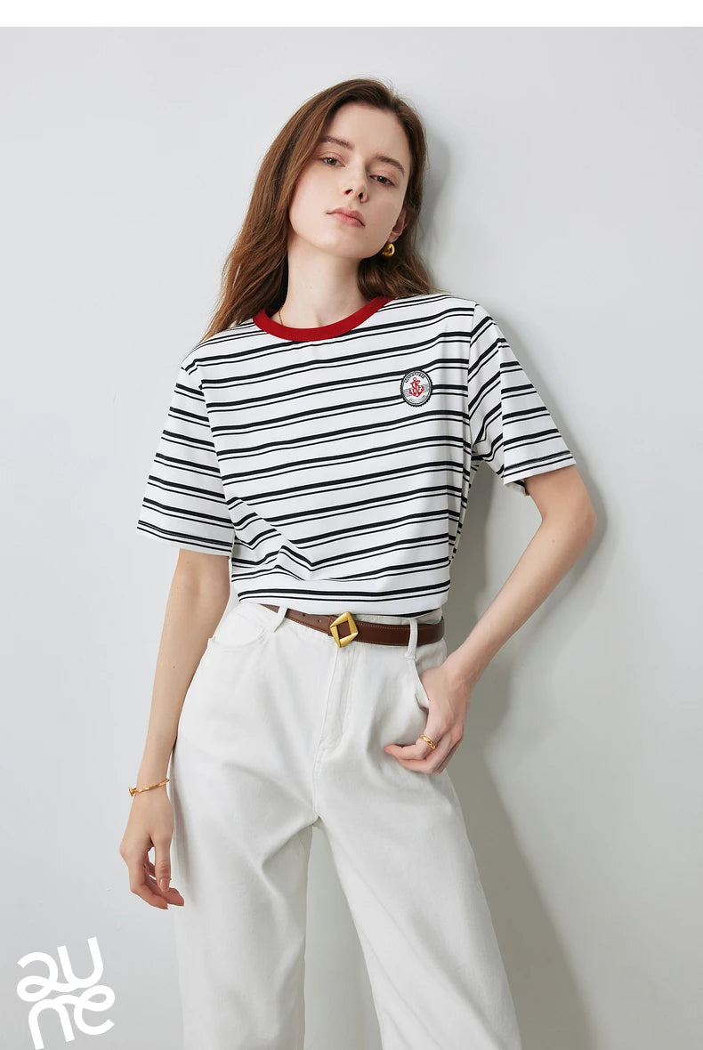 TOYOUTH Women T Shirts 2026 Summer New Striped Short Sleeve Age Reducing College Style Crew Neck Tops
