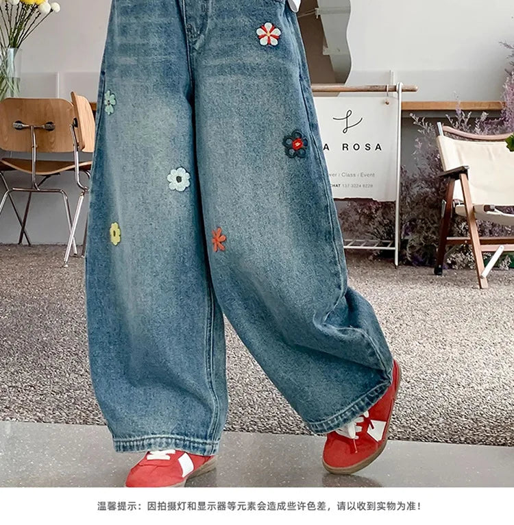 Teenagers Spring Girls Jeans Flower Children Trousers Autumn Girls Denim Wide Leg Pants Birthday Gifts 5-16 Years Kids Clothes