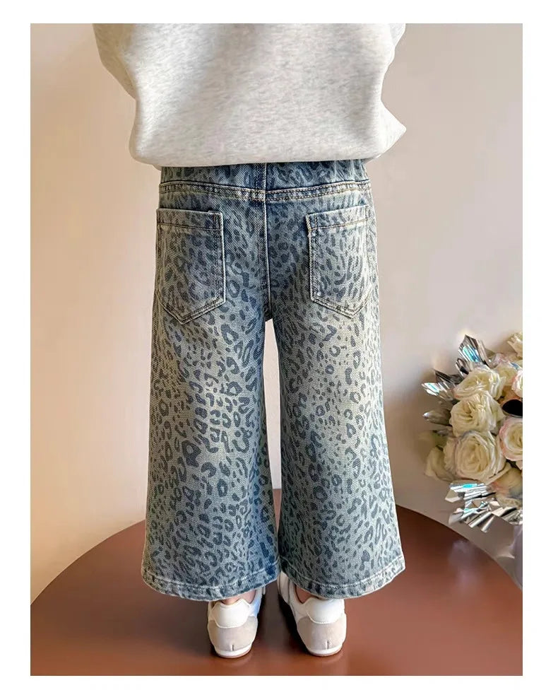Girls Pants Spring Clothing New Children's Fashionable Jeans Leopard Pattern Wide Legs for Baby Girls